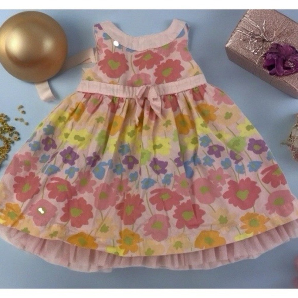 Cherokee Floral Dress Kids 18M Pink Sleeveless Tulle Hem Cotton